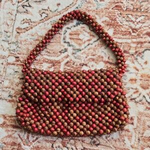 Vintage Walborg Red and Brown Zippered Beaded Shoulder Bag